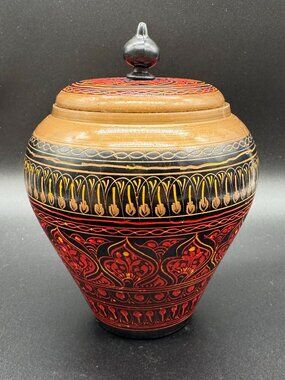 Traditional Hand Painted Wooden Jar Lacquerware matching Lid *READ*